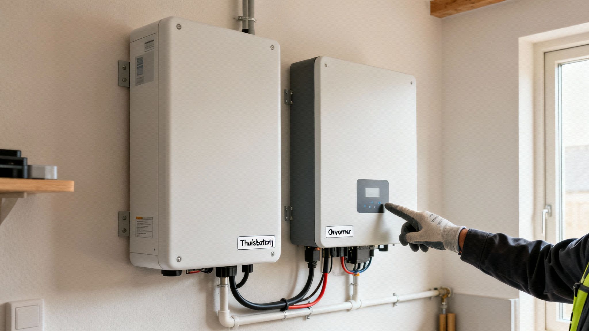 Een technicus bedient een omvormer die naast een thuisbatterij aan de muur is gemonteerd, met kabels en leidingen.