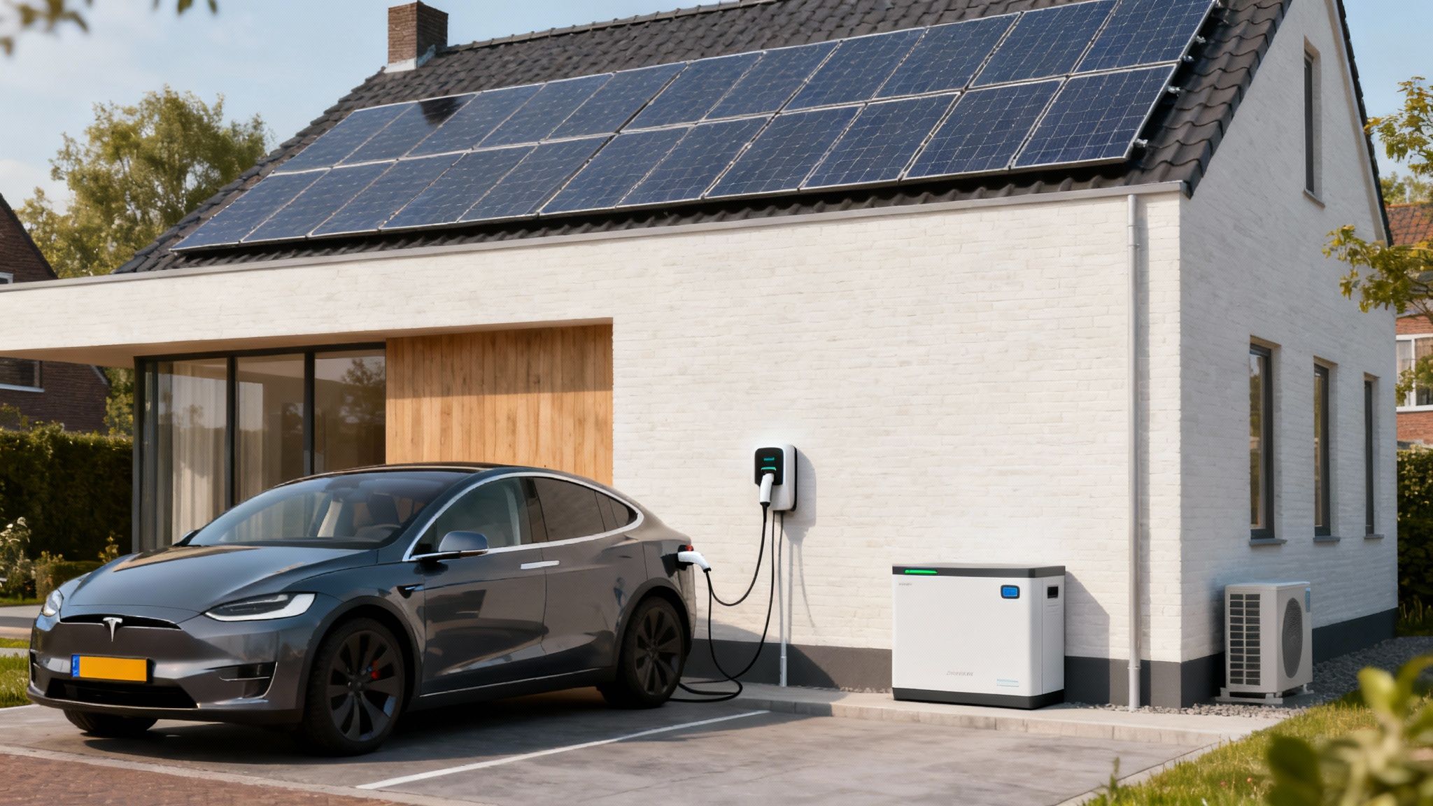 Wat is krachtstroom? Een heldere uitleg over 1-fase- en 3-faseaansluitingen 4 Geoptimaliseerde energieoplossingen voor thuis: zonnepanelen, elektrische auto en energieopslag bij een moderne woning.