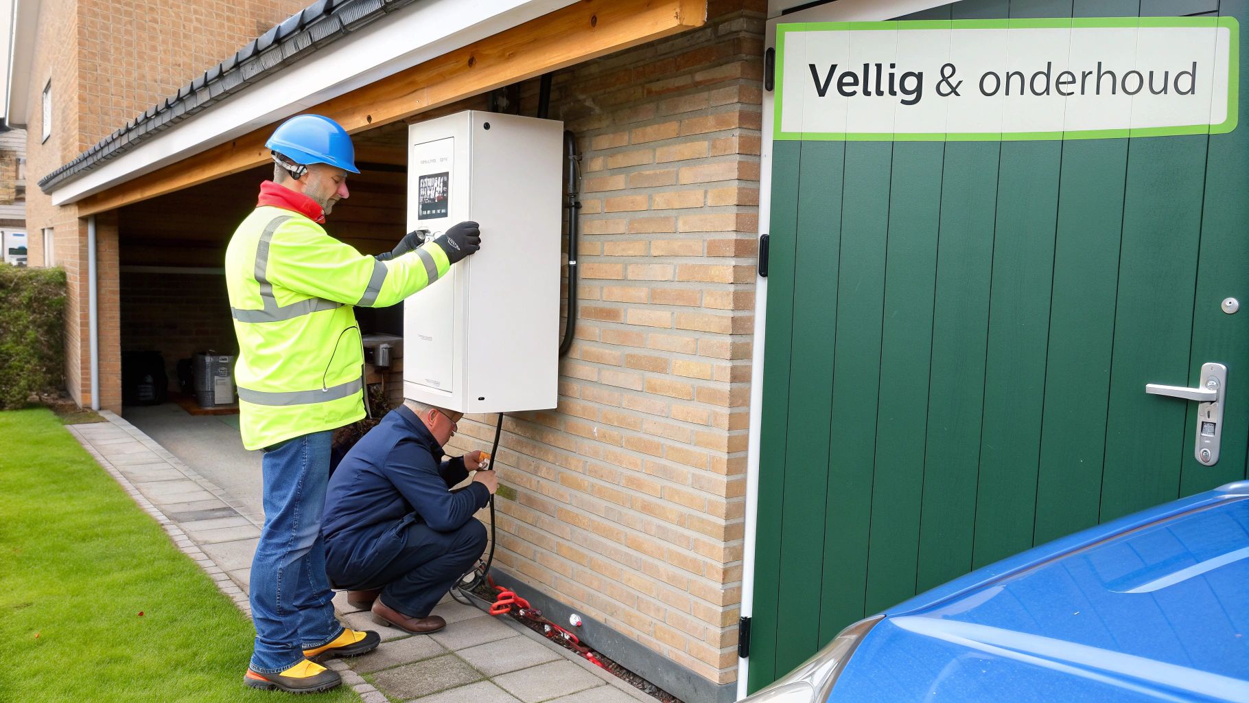 Twee technici installeren en onderhouden een thuisbatterij of energieopslagsysteem aan de muur van een huis.