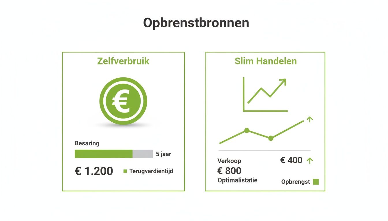 Overzicht van inkomstenbronnen met zelfverbruik (€1.200 besparing, 5 jaar terugverdientijd) en slim handelen (€400 opbrengst).