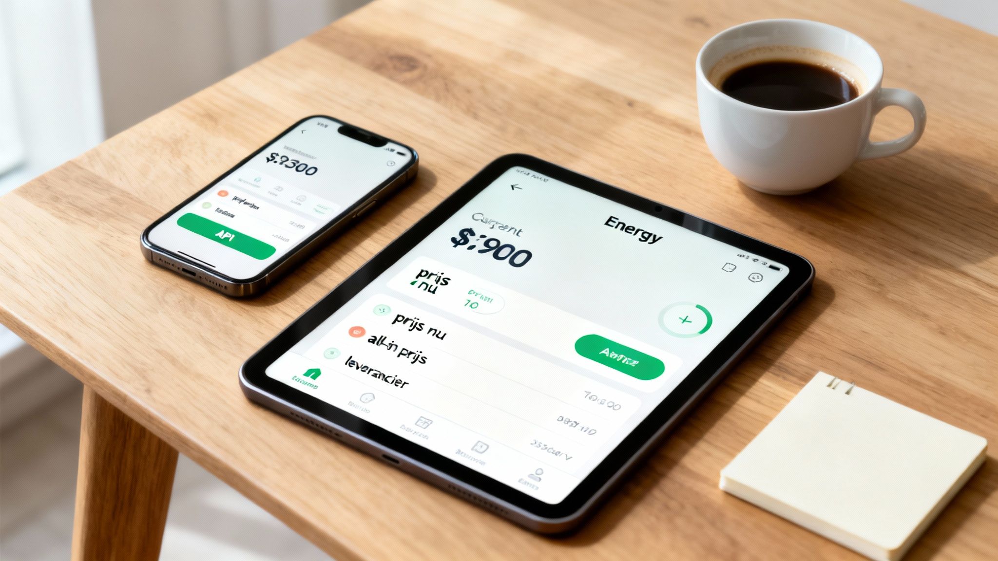 Een smartphone en tablet met energie-apps op een houten tafel, naast een kop koffie en notitieblokje.
