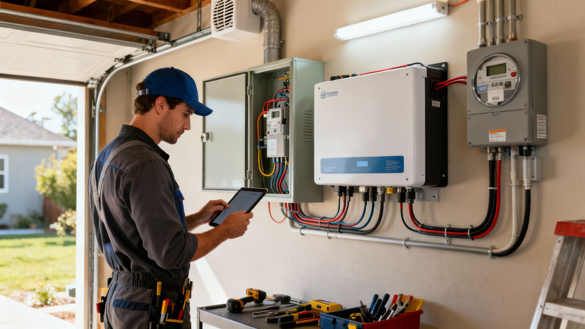 Een technicus in een garage werkt met een tablet aan een thuisbatterij en zonne-energiesysteem.