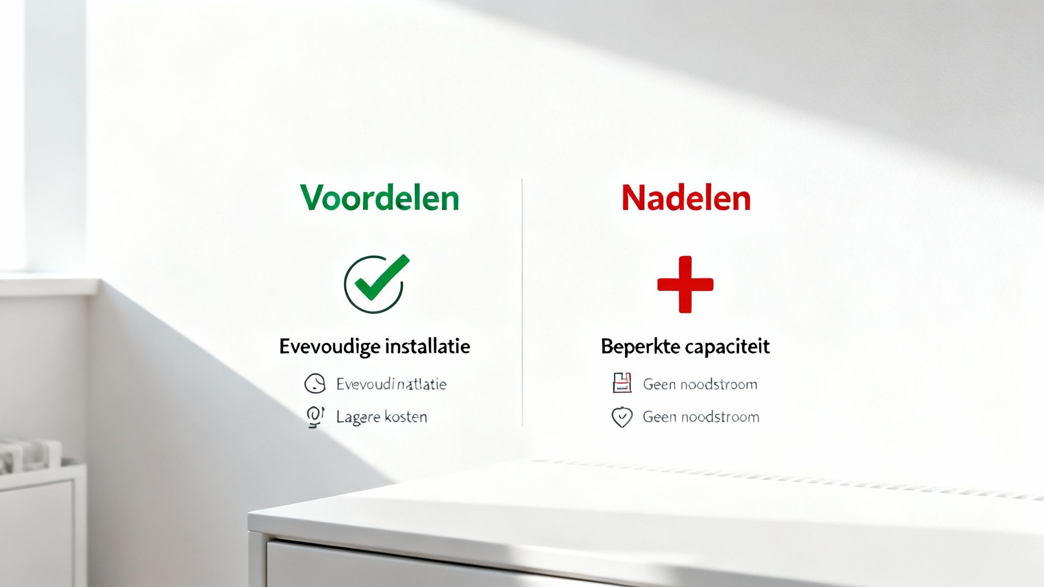 Overzicht van voordelen en nadelen met groene vinkjes en rode kruizen, betreffende installatie, kosten en capaciteit.