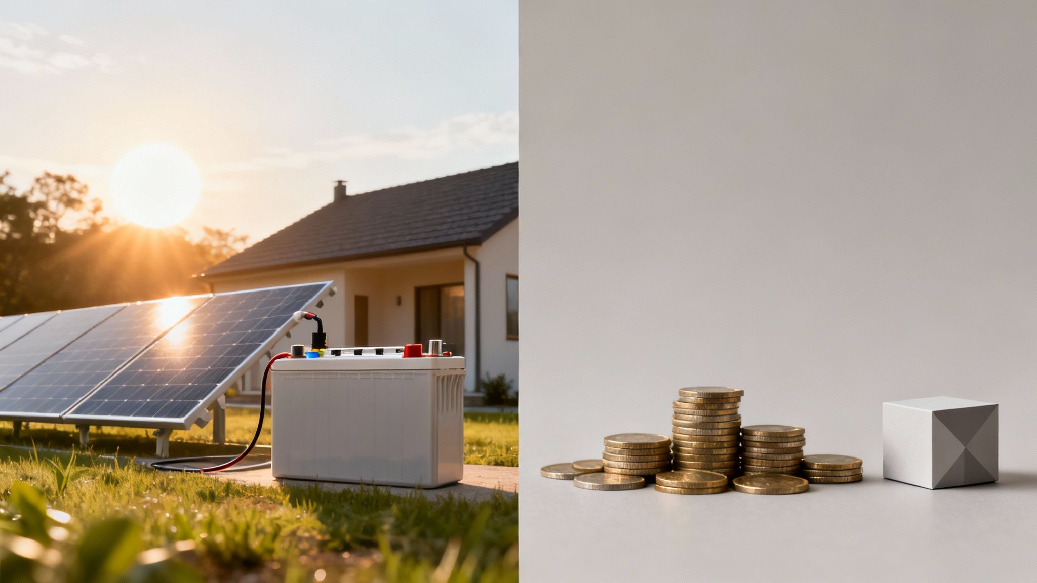 Zonnepanelen en een thuisbatterij met munten en een blok, symboliseren energie en kosten.