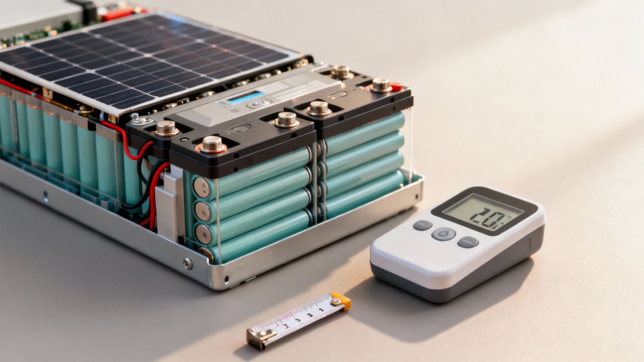 Gedemonteerde thuisbatterij met zonnepaneel, interne cellen, digitaal display en meetlint op tafel.