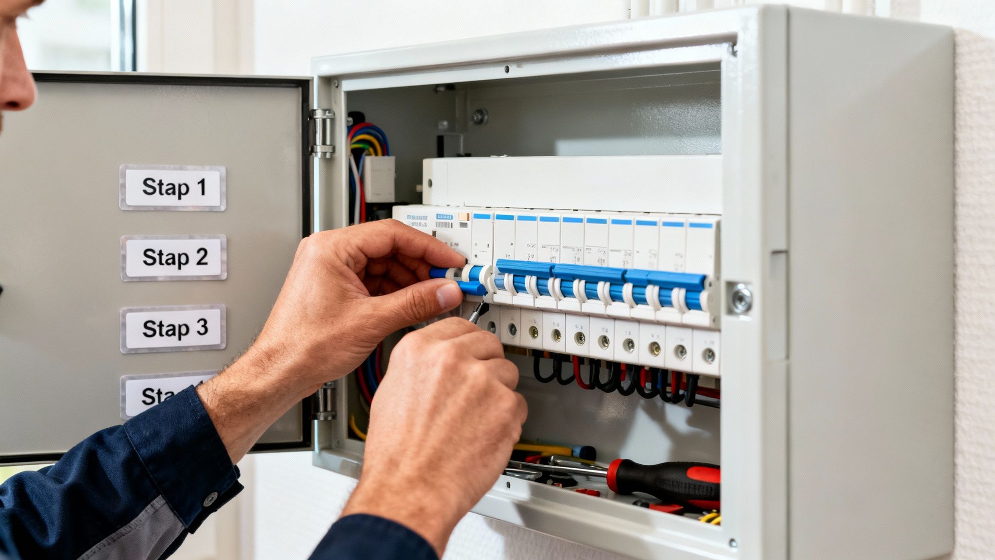 Een elektricien installeert of repareert een elektrische groepenkast. Duidelijke stappen en gereedschap zijn zichtbaar.