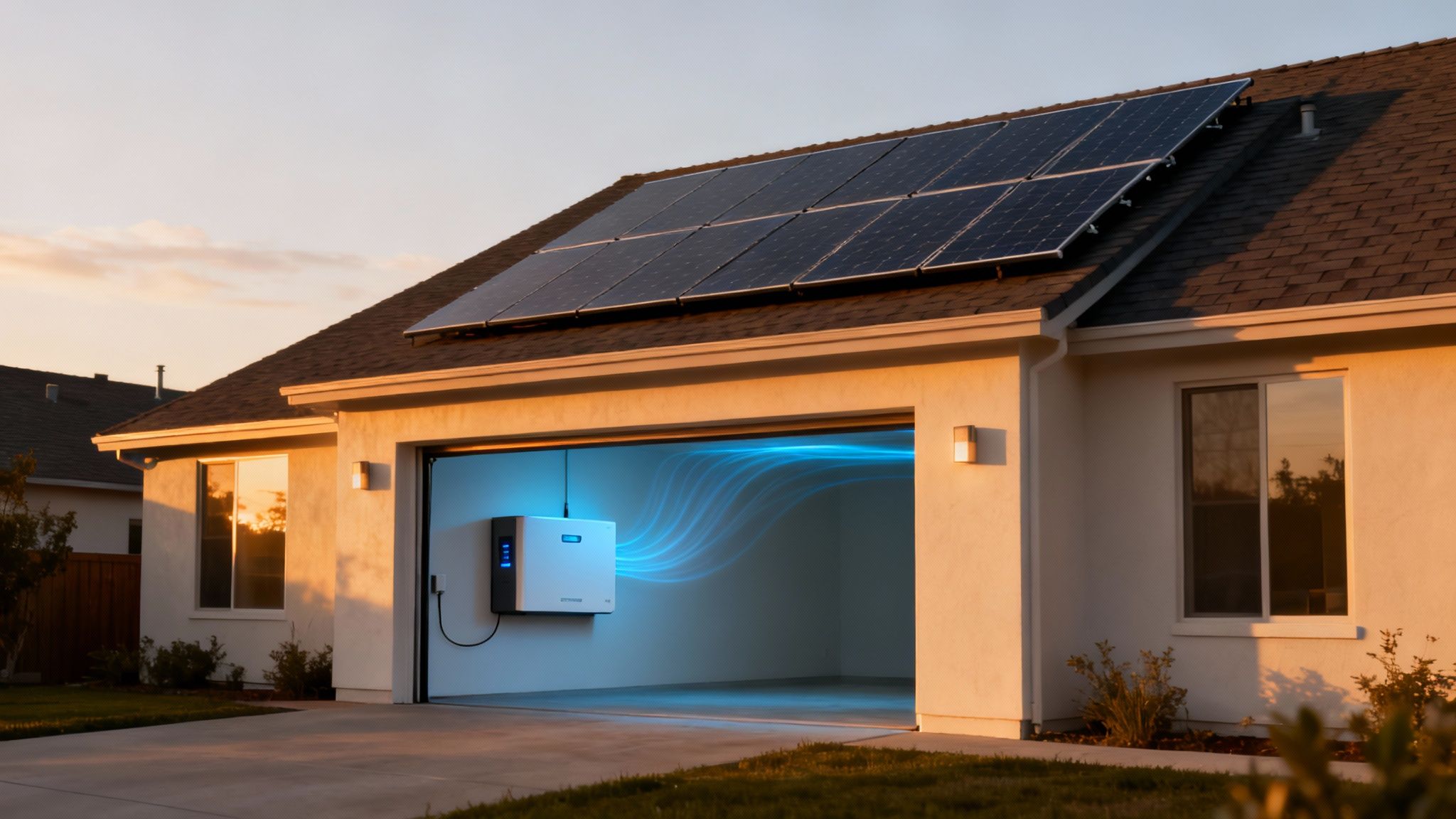 Huis met zonnepanelen op het dak en een witte thuisbatterij in de open garage, verlicht door blauwe energie.