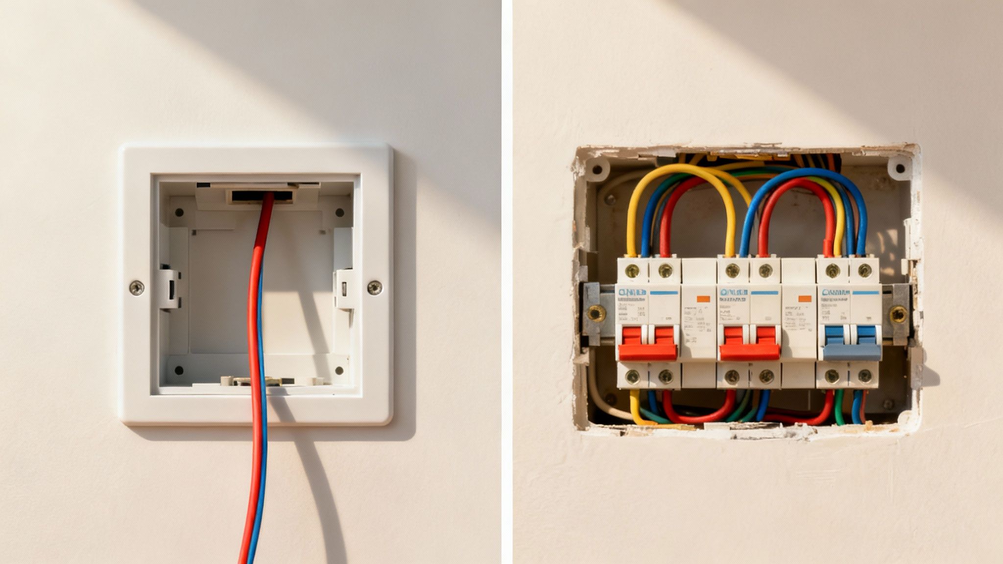 Open elektrische dozen tonen bedrading en circuitonderbrekers voor een huisinstallatie.