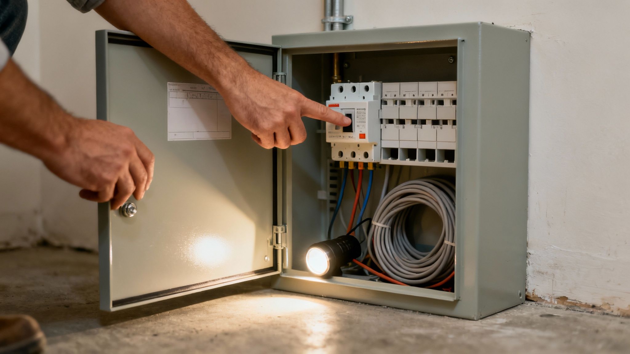 Man opent een meterkast, wijzend naar een schakelaar, met diverse kabels en een zaklamp erin.