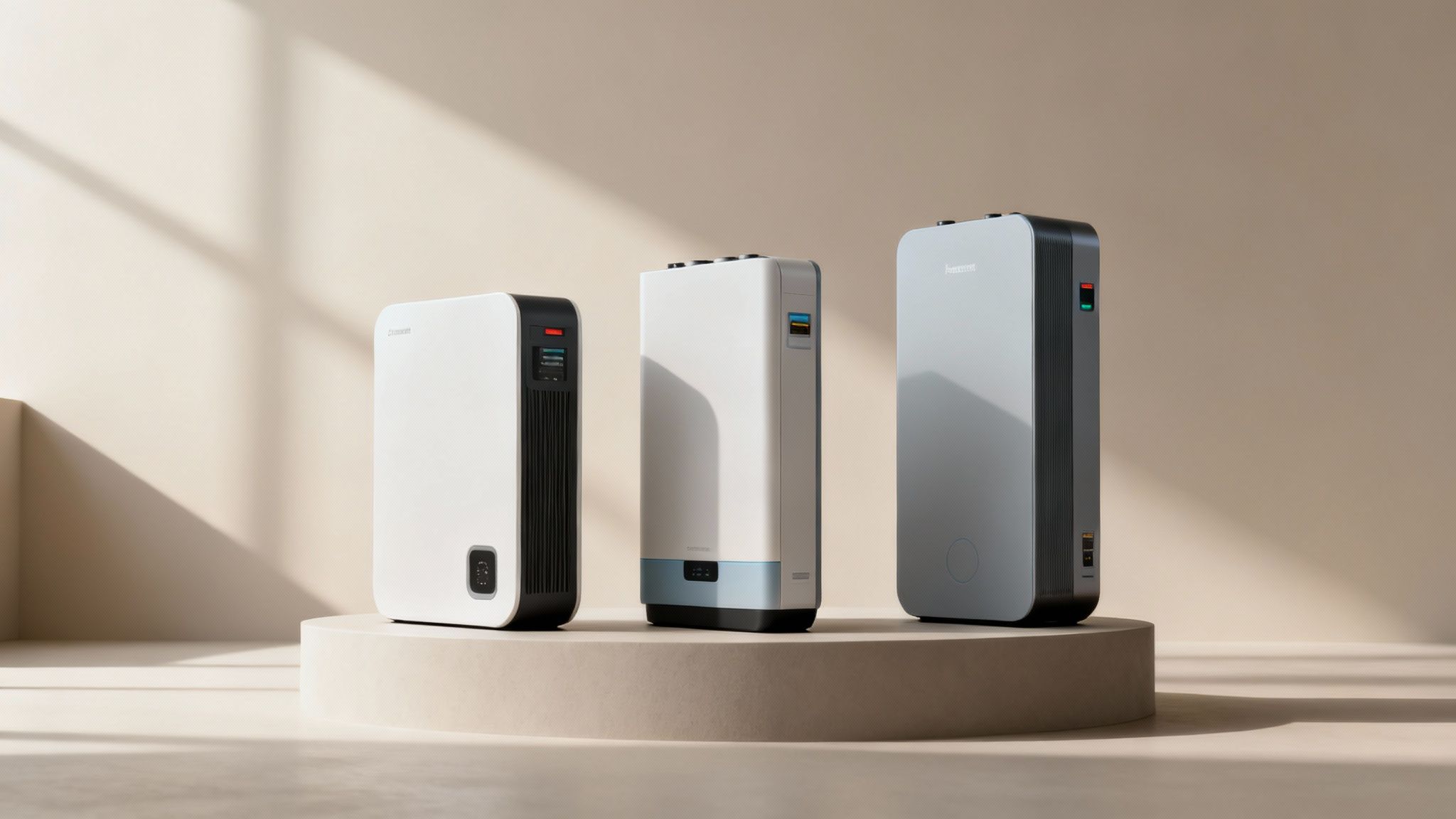 Wat is de beste thuisbatterij van 20 kWh? 4 Drie moderne thuisbatterijen in wit, lichtblauw en grijs op een podium, klaar voor energieopslag.