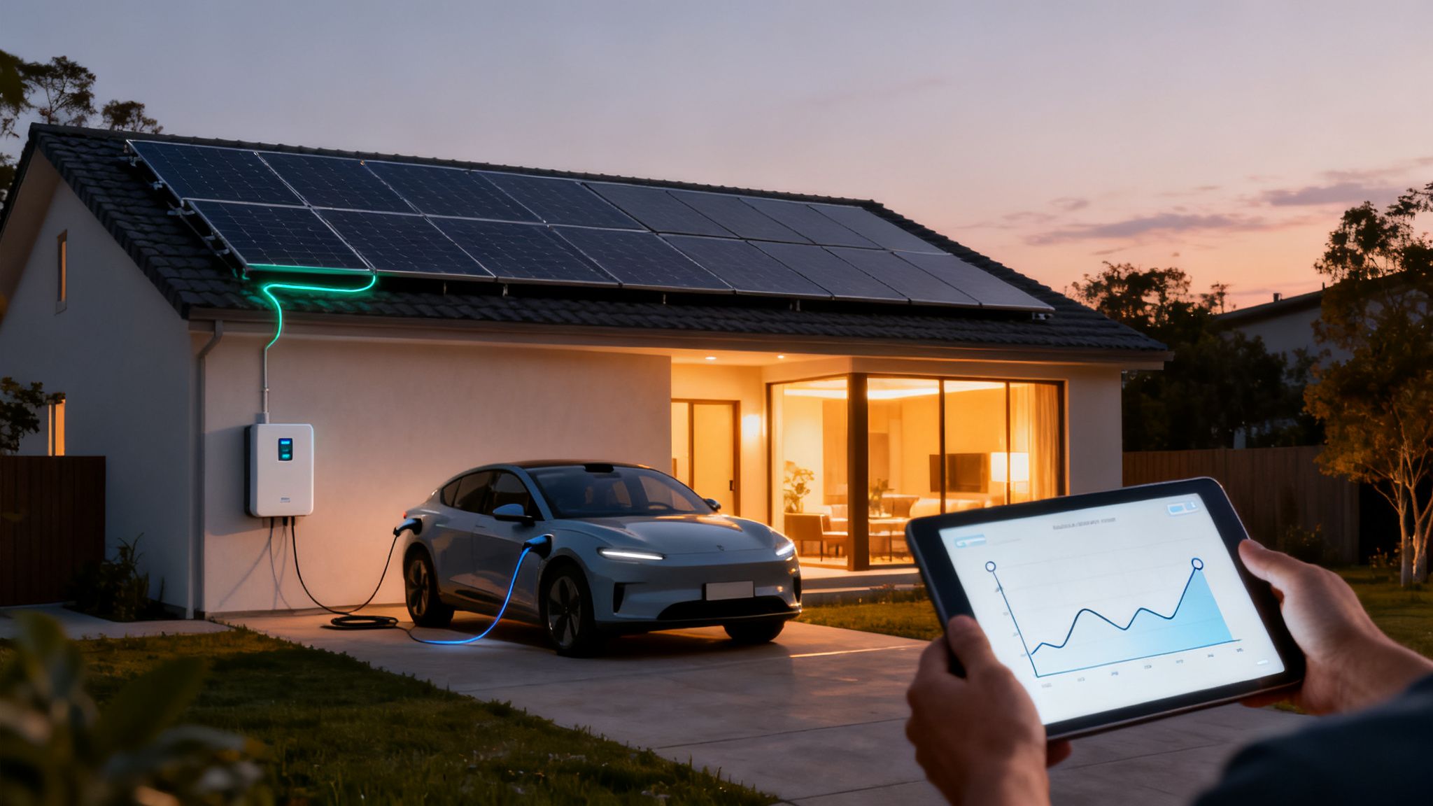 Huis met zonnepanelen en elektrische auto die oplaadt. Persoon bekijkt energiegegevens op tablet.