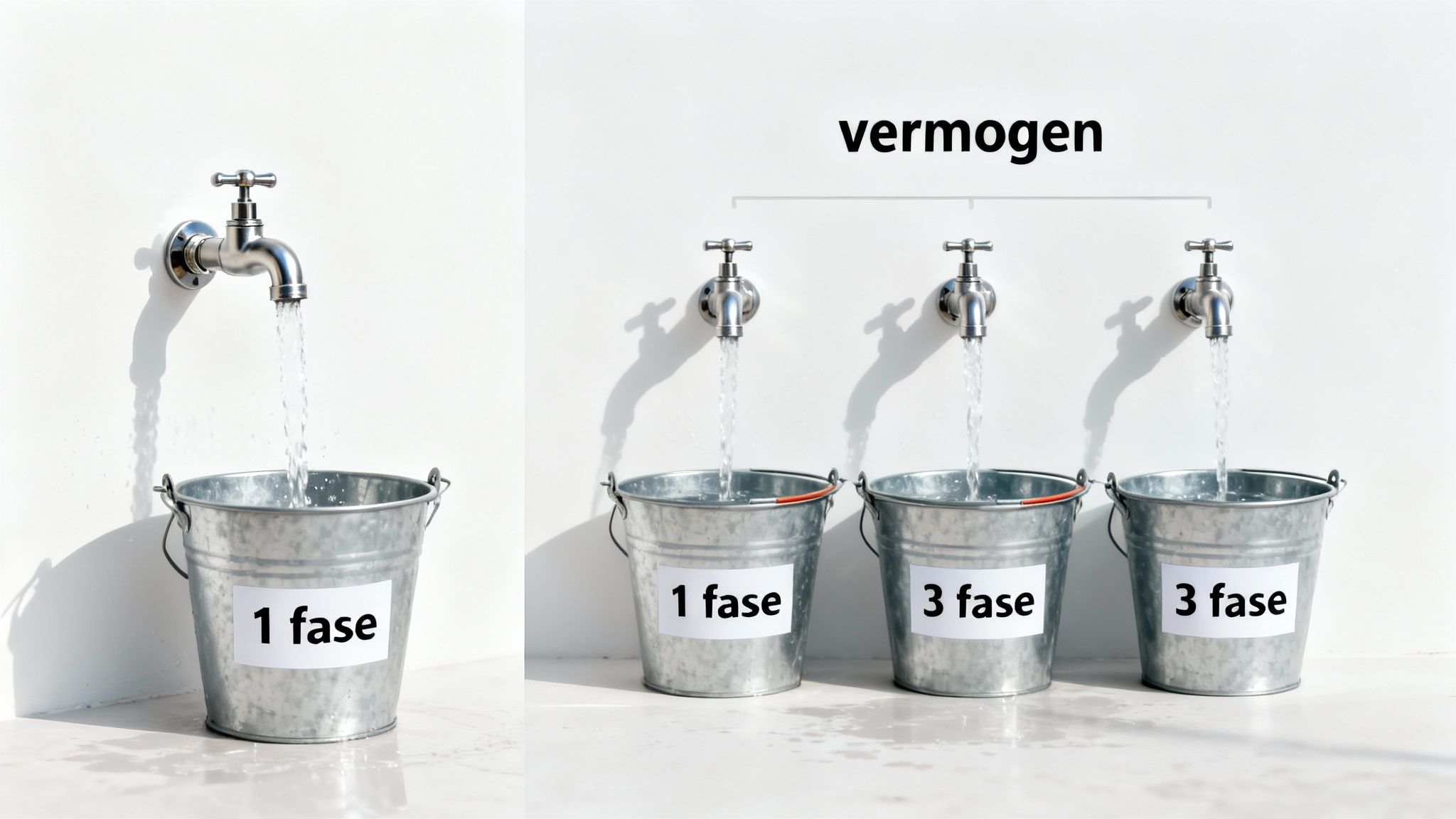 Een kraan vult een emmer met '1 fase'. Drie kranen vullen emmers met '1 fase' en '3 fase', onder 'vermogen'.