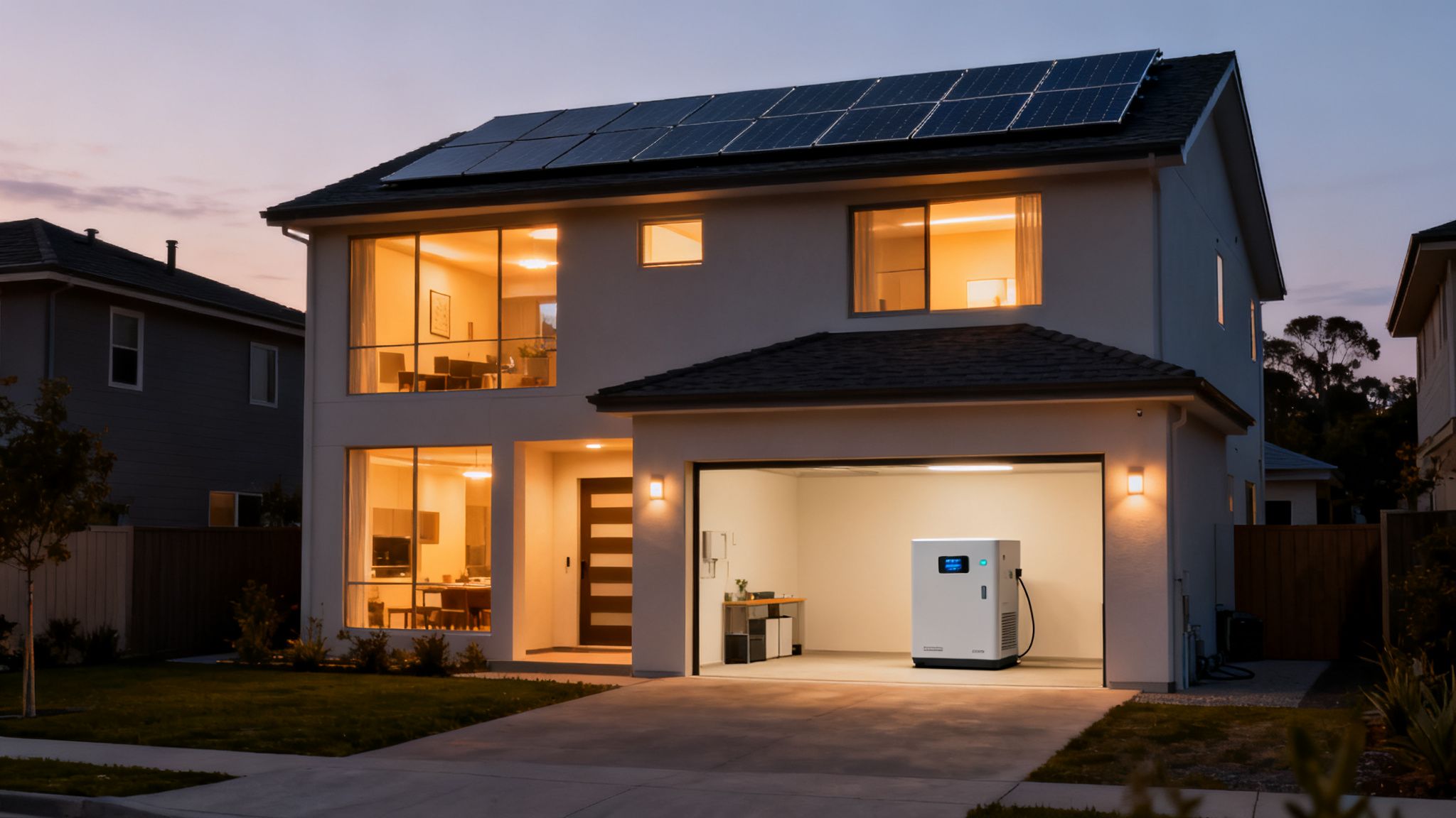 Moderne woning bij schemering met zonnepanelen op het dak en een energieopslagsysteem in de open garage.