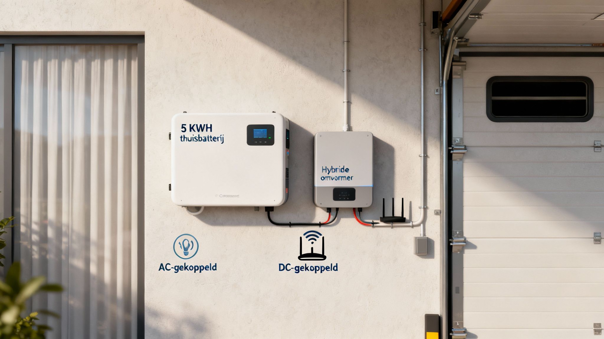 Is een 5 kWh thuisbatterij de juiste keuze voor jouw huis? 4 Witte muur met 5 KWH thuisbatterij, hybride omvormer en illustraties voor AC- en DC-koppeling.