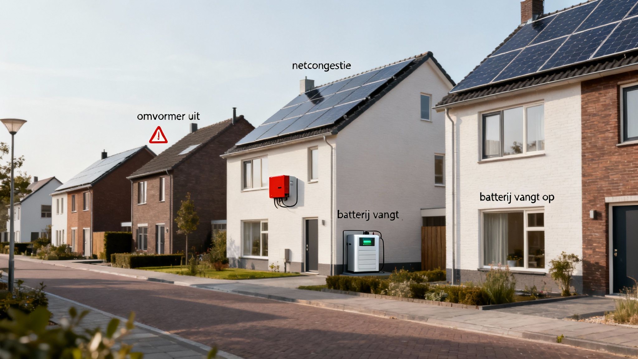 Rij huizen met zonnepanelen, waar een thuisbatterij netcongestie opvangt, terwijl een omvormer uitvalt.