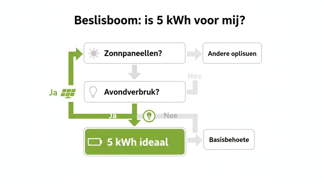 Is een 5 kWh thuisbatterij de juiste keuze voor jouw huis? 2 Beslisboom: is 5 kWh voor mij? Stroomdiagram over zonnepanelen, avondverbruik en de ideale batterijgrootte.