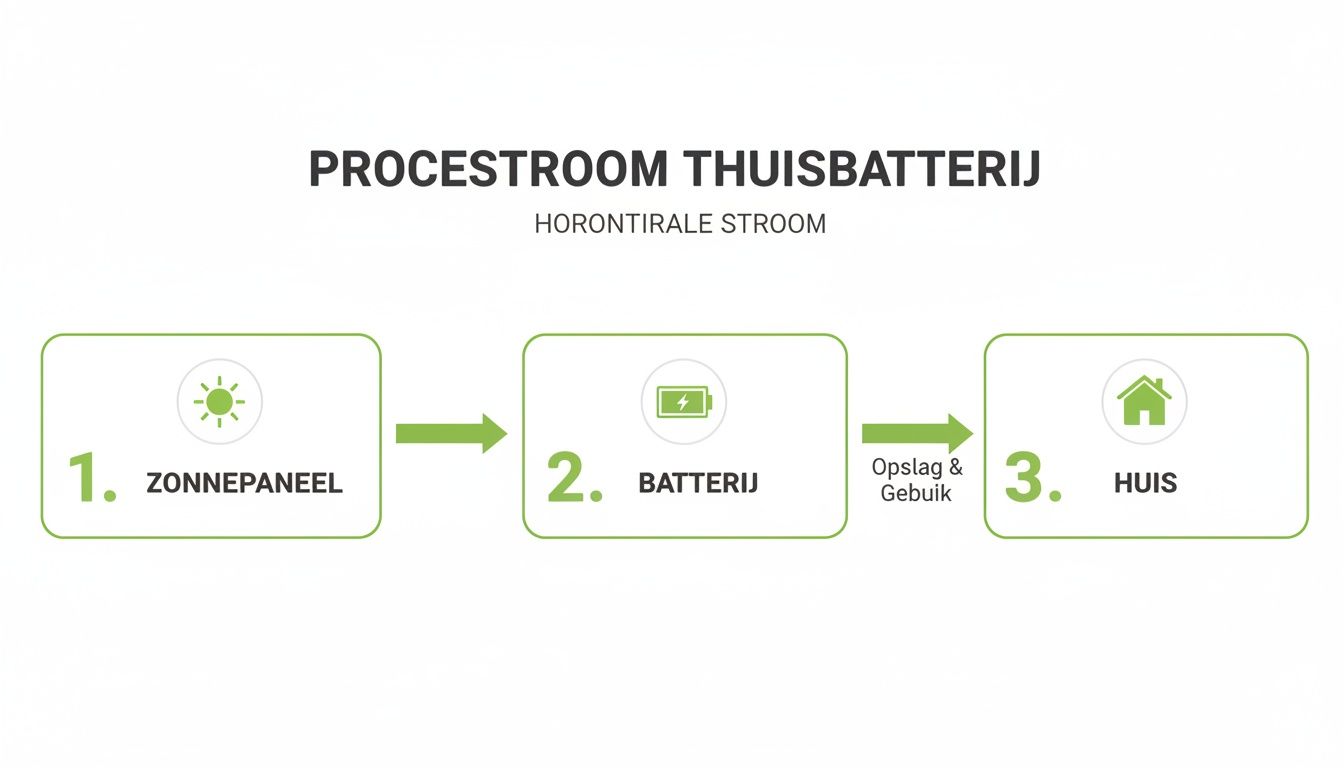 Een infographic toont de stroom van zonnepanelen naar een thuisbatterij voor opslag en gebruik in huis.
