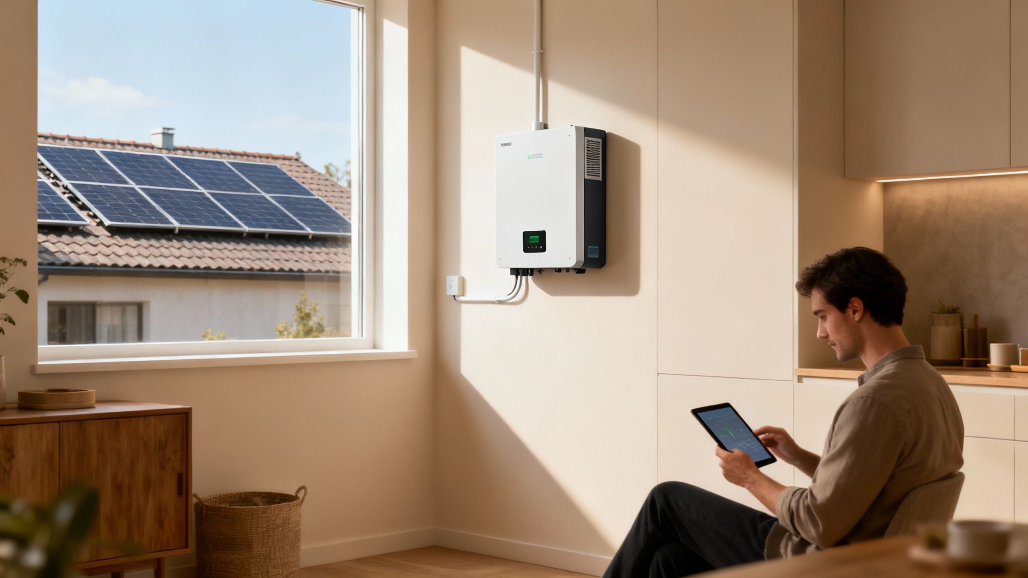 Man bekijkt energieverbruik op tablet, met zonnepanelen en een omvormer in een modern huis.