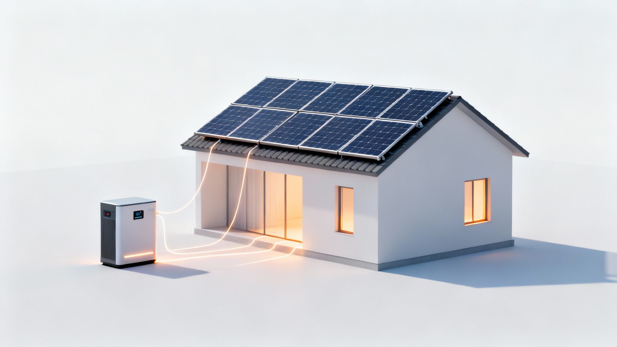 Een wit huis met zonnepanelen op het dak, verbonden met een energieopslagsysteem via gloeiende lijnen.