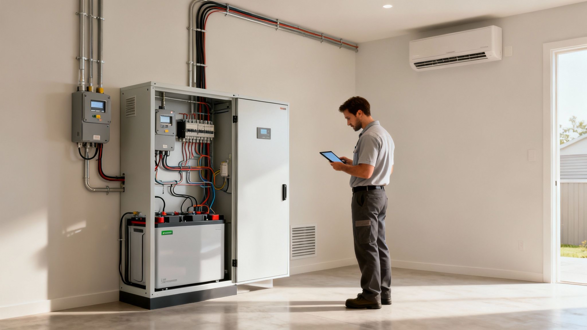 Man controleert een thuisbatterij en elektrische installatie met een tablet in een moderne, lichte ruimte.