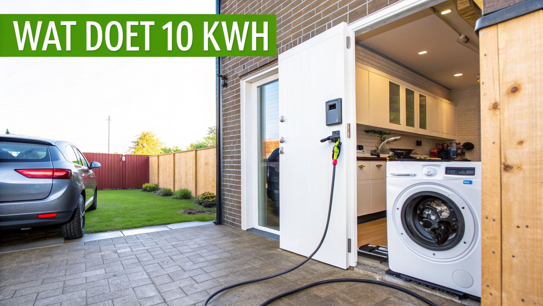 De afbeelding toont een huis, elektrische auto, wasmachine en een laadkabel met de tekst 'WAT DOET 10 KWH'.