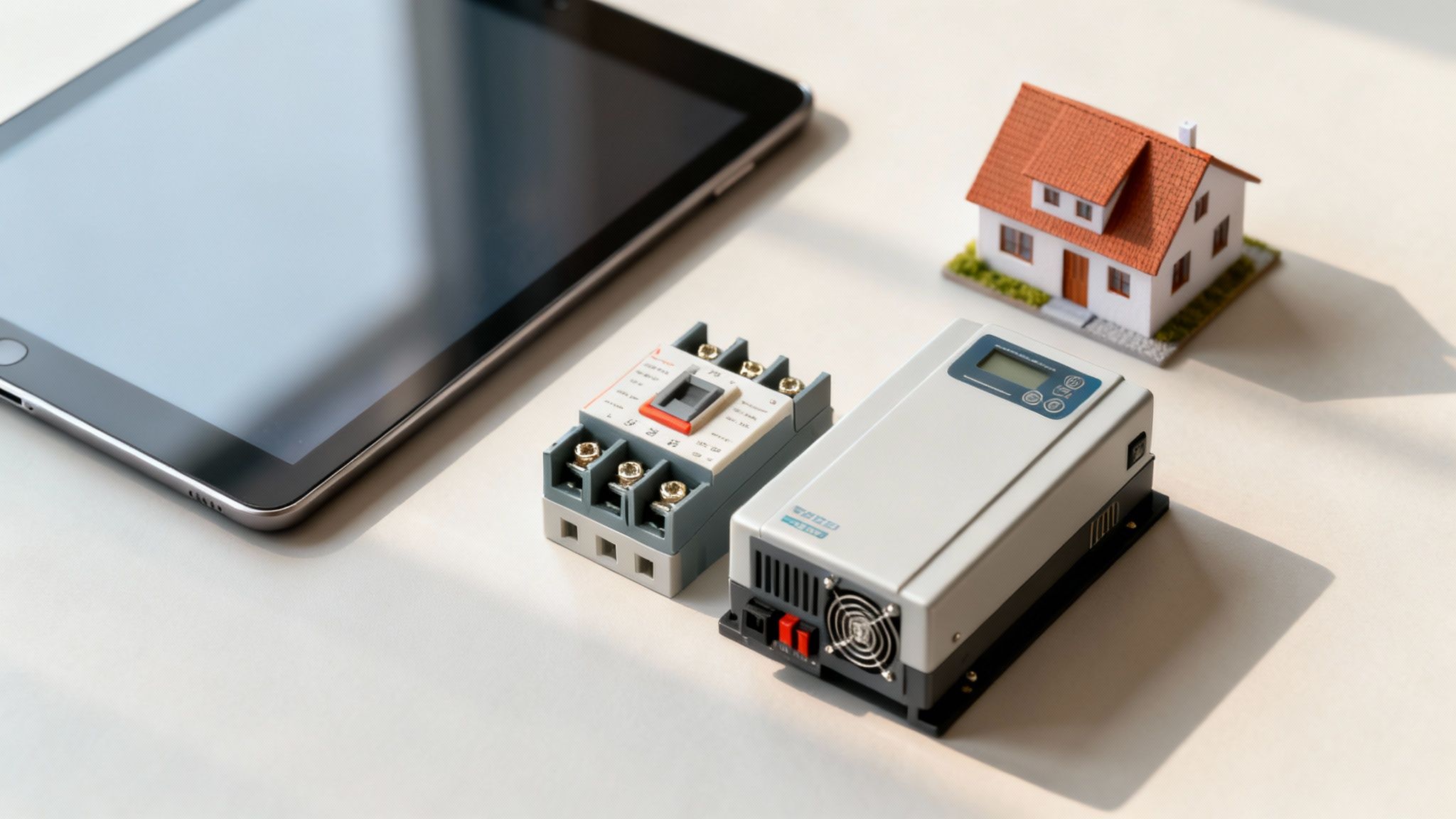 Tablet, stroomonderbreker, omvormer en miniatuur huismodel op een tafel, symboliseren smart home energie.