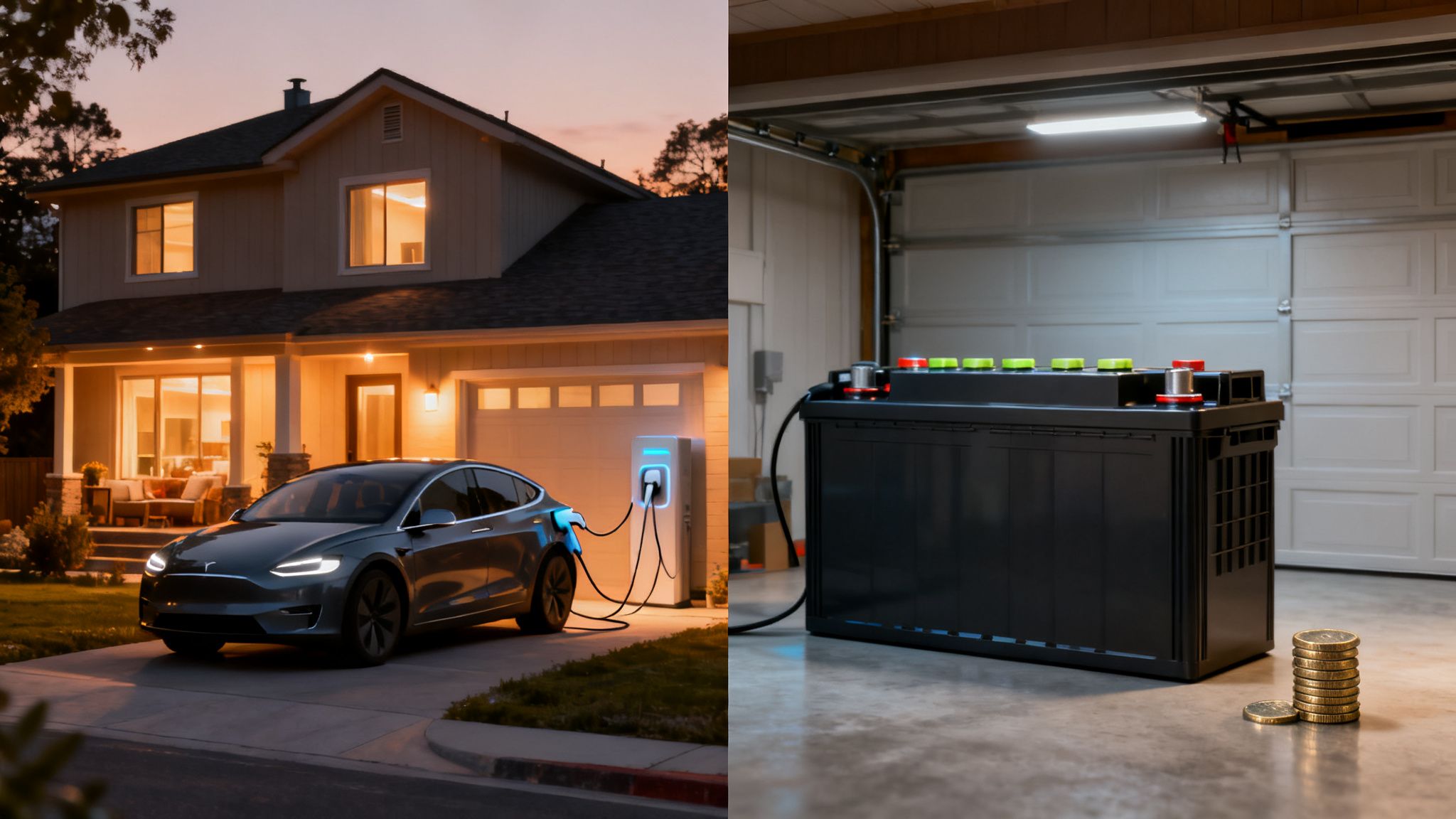 Een huis met een elektrische auto die oplaadt, naast een thuisbatterij en euromunsten in een garage.