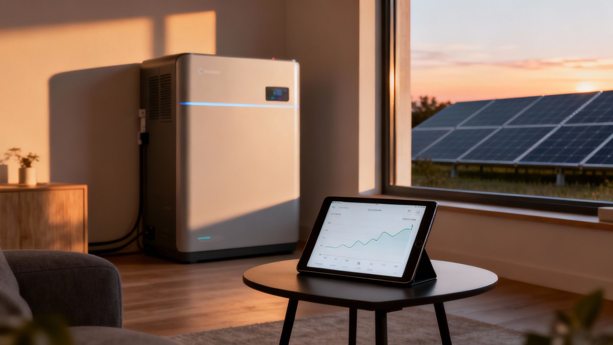Thuisbatterij naast raam met uitzicht op zonnepanelen tijdens zonsondergang, tablet toont energiegegevens.