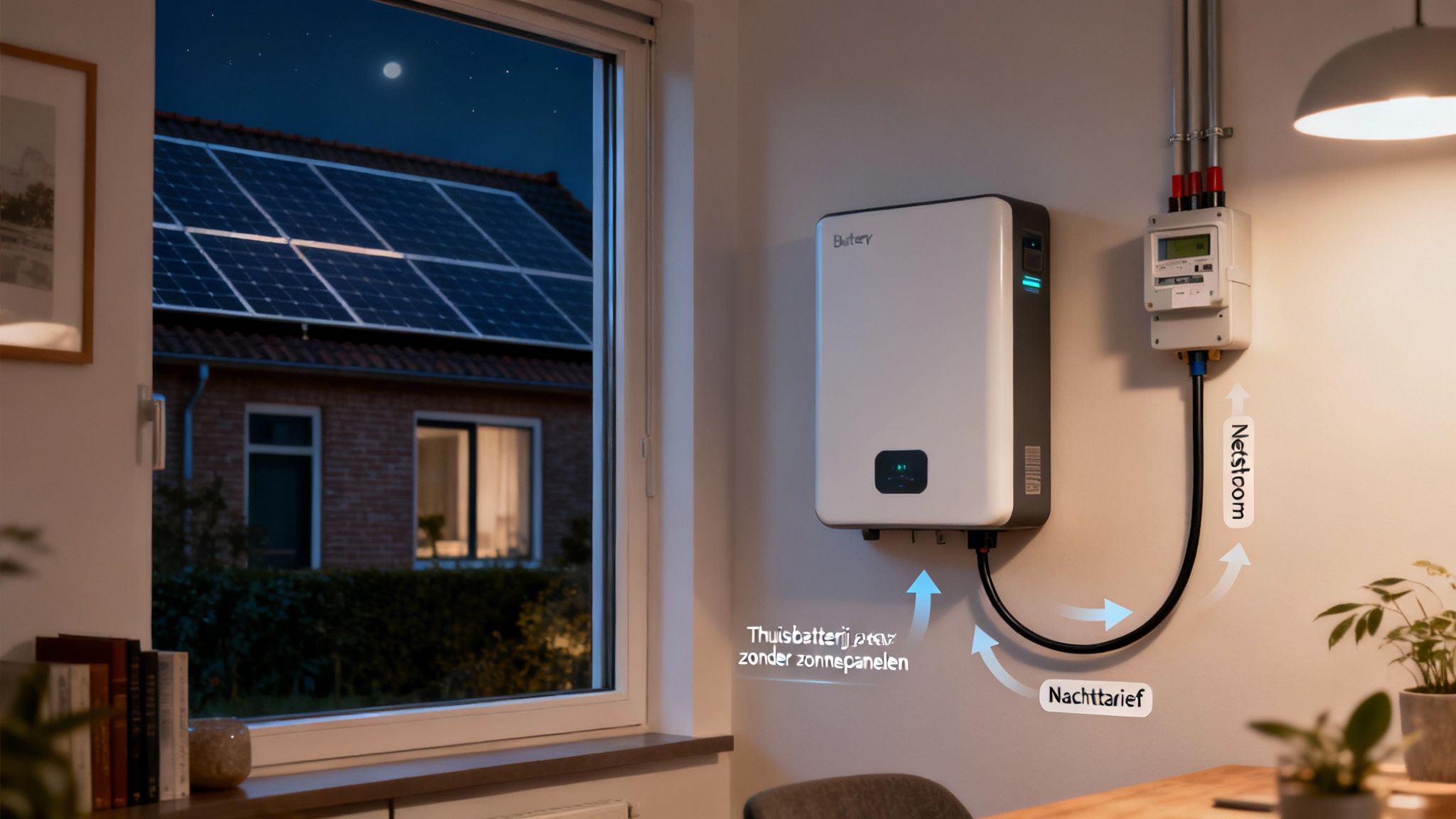 Afbeelding van een thuisbatterij die 's nachts stroom van het net opslaat, met zonnepanelen op het dak van een huis buiten.