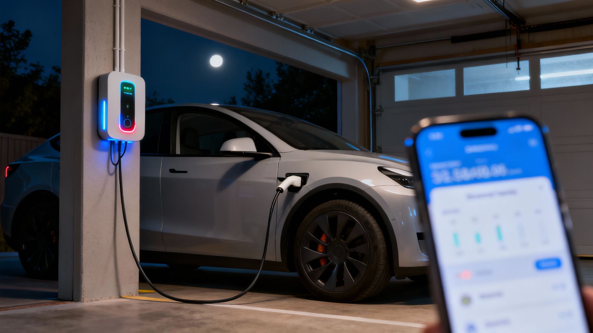 Elektrische auto laadt op in garage met slimme oplader. Een hand houdt een smartphone met app vast.
