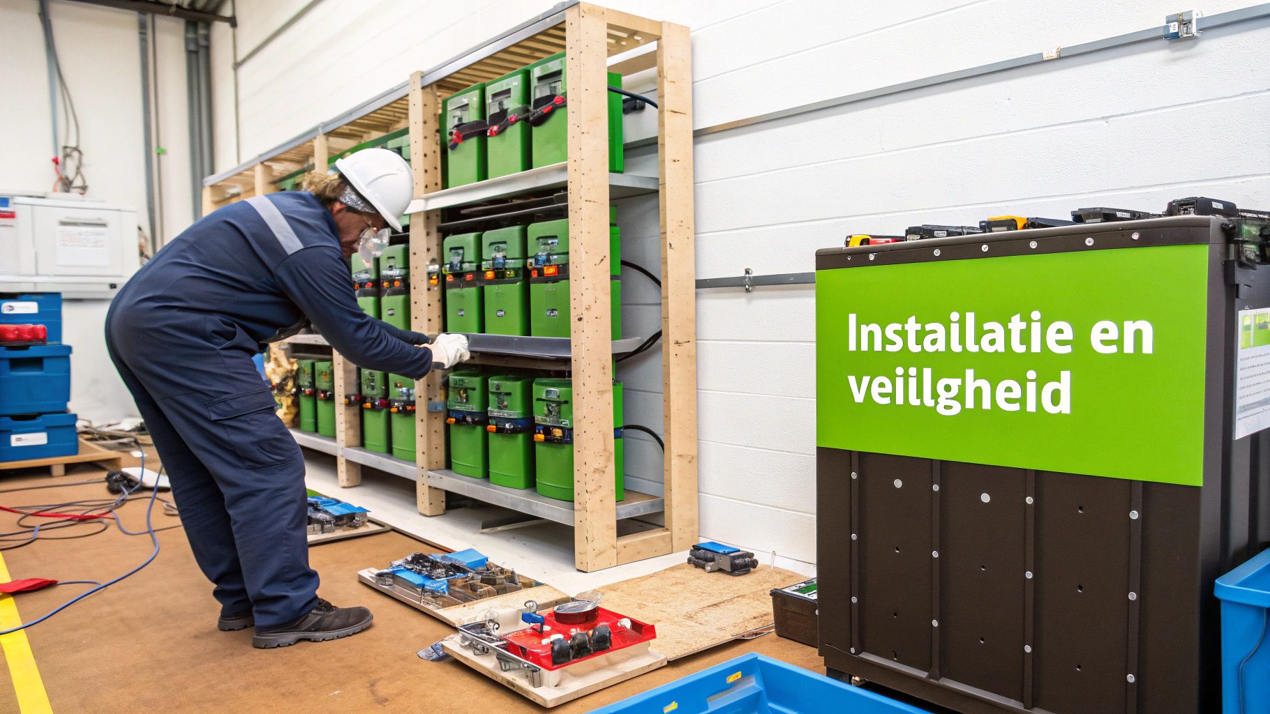 Een technicus installeert groene thuisbatterijen in een magazijn, met aandacht voor veiligheid, zoals aangegeven op een bord.