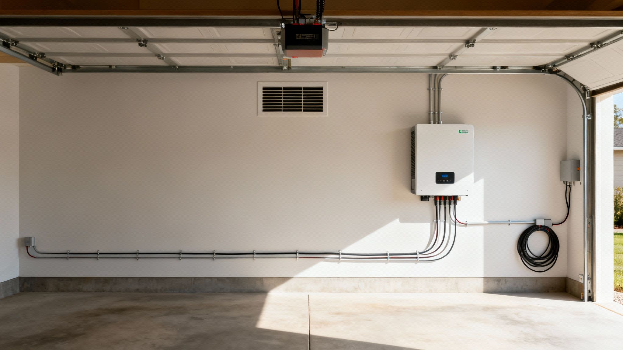 Zonnepanelen met thuisbatterij: de complete gids 5 Interieur van een garage met een witte omvormer voor zonnepanelen, elektrische bedrading en een deuropener.