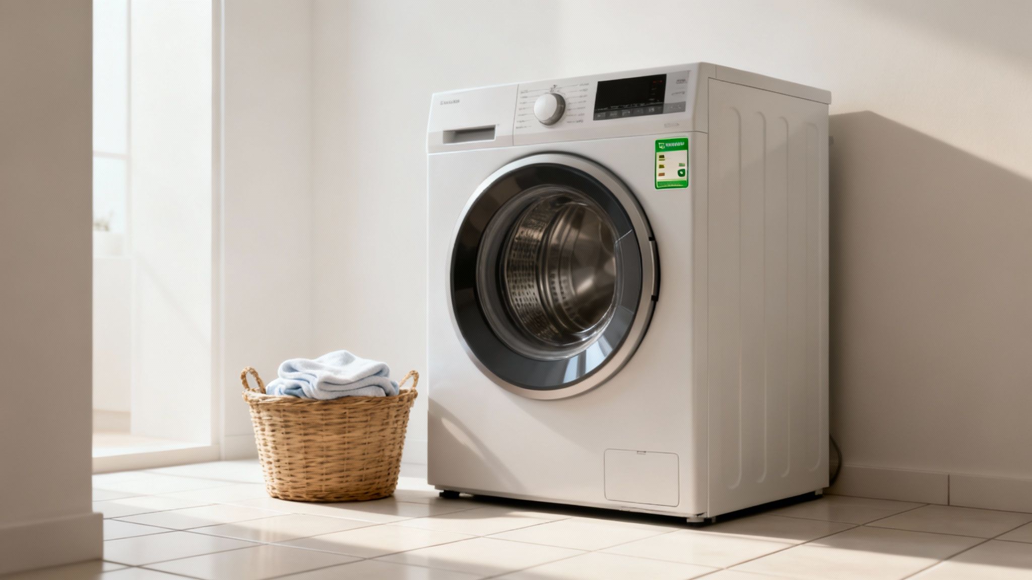 Witte wasmachine in een lichte wasruimte, met een rieten wasmand vol lichtblauwe handdoeken ernaast.