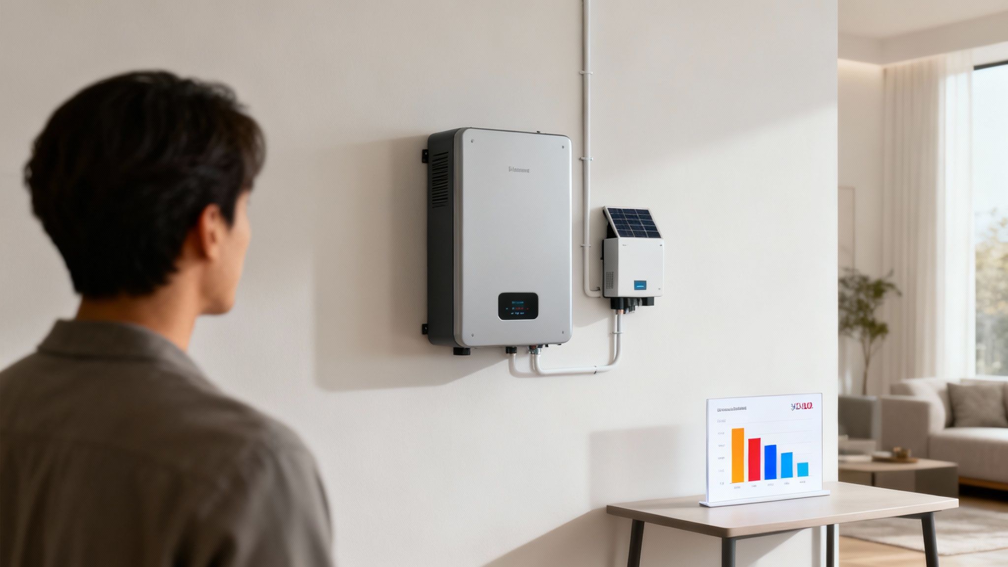 Wat kost een thuisbatterij: De complete gids voor prijzen en terugverdientijd 2 Een man bekijkt zijn thuisenergiesysteem met omvormer, klein zonnepaneel en monitor in een lichte woonkamer.