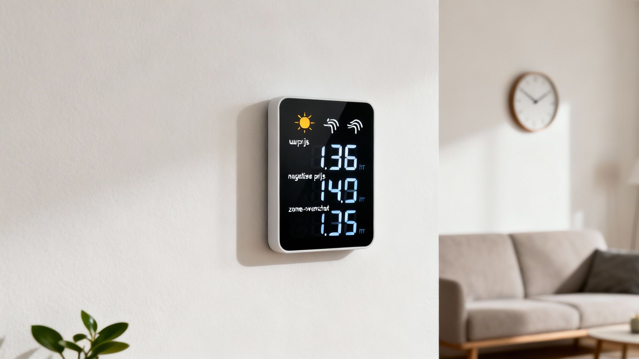 Muurdisplay toont actuele dynamische energieprijzen met zon- en windiconen in een lichte woonkamer.
