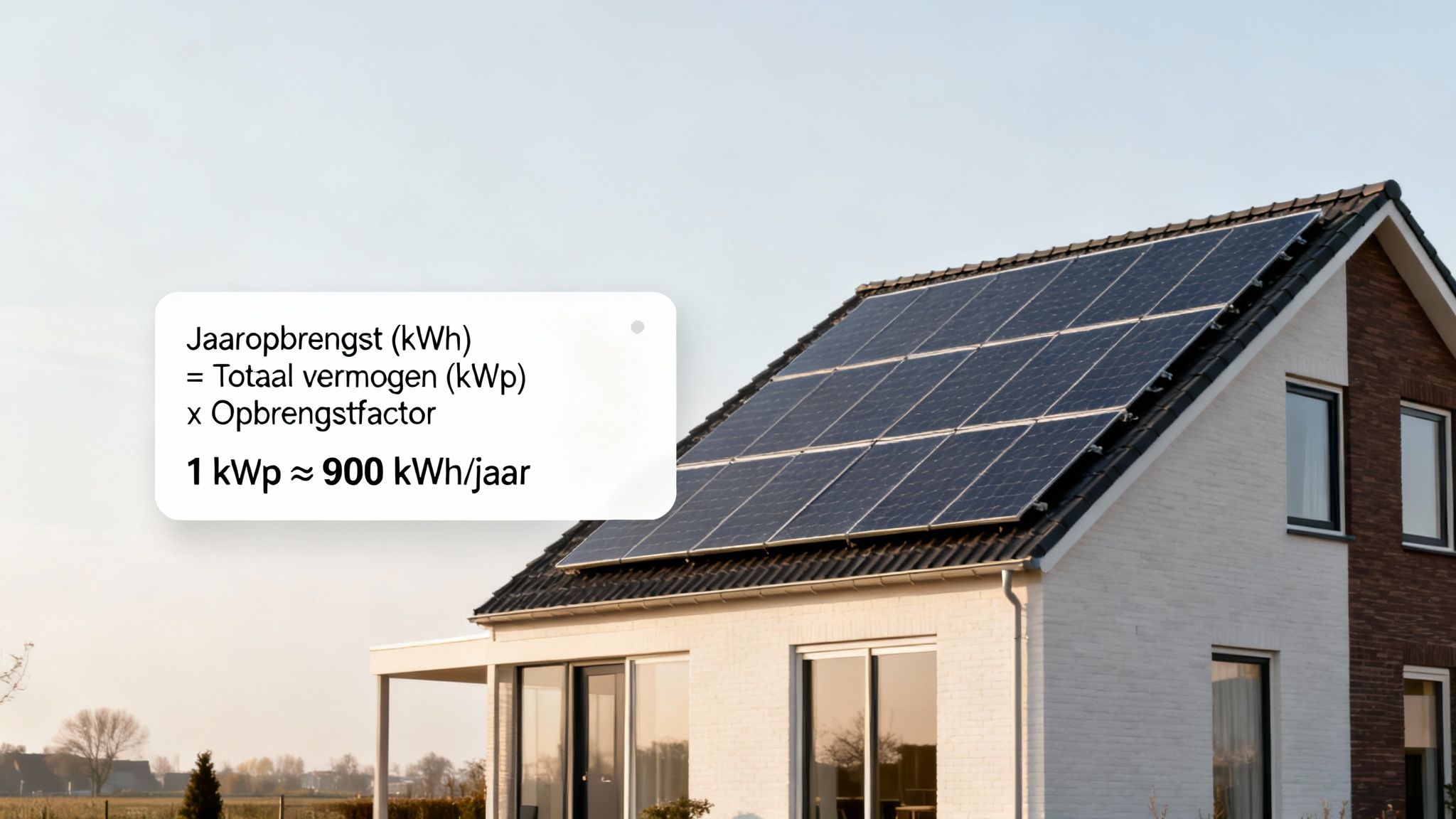 Moderne woning met zonnepanelen op het dak en uitleg over jaaropbrengstberekening.