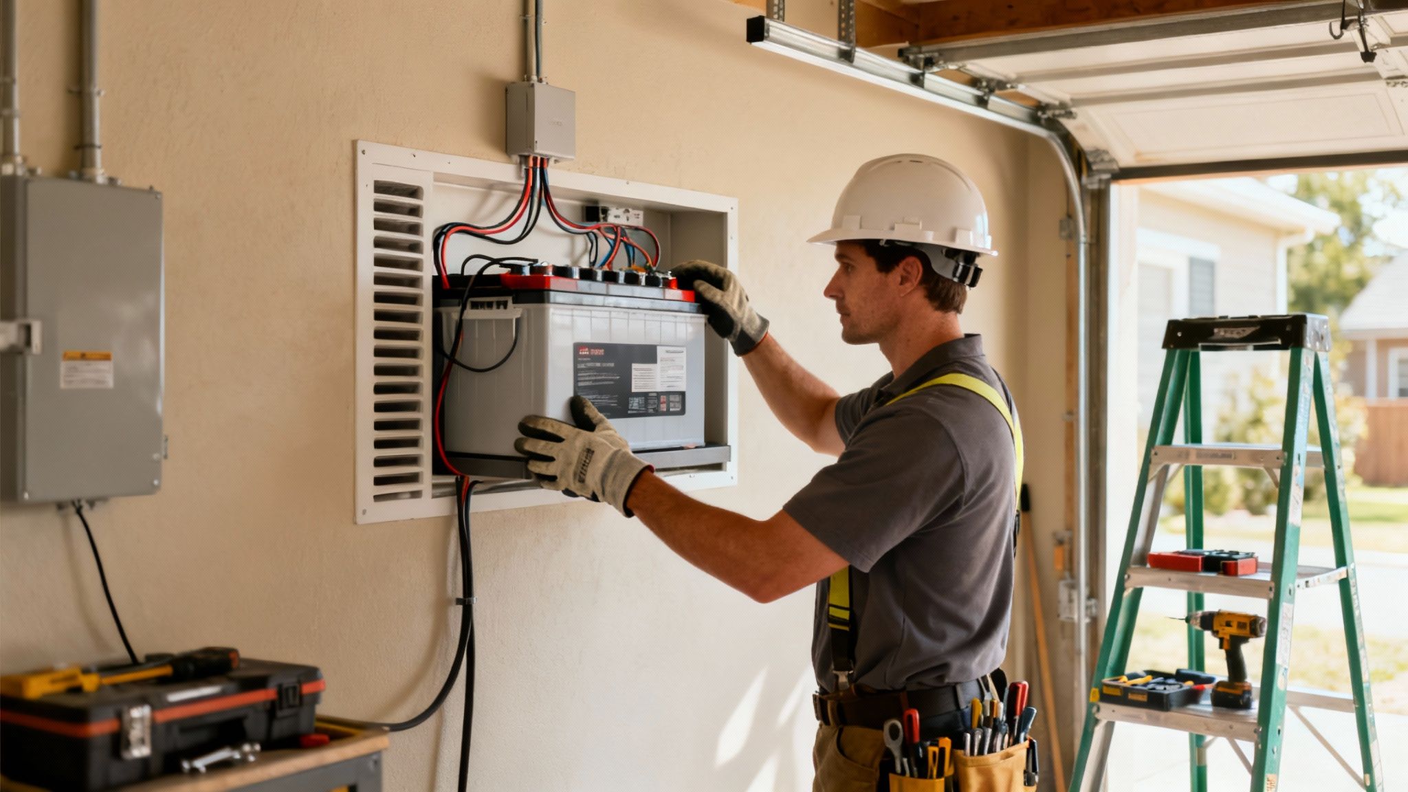 Zonnepanelen met accu opslag: de complete gids 5 Een technicus met helm en handschoenen installeert een accu voor zonnepanelen in een wandkast in een garage.