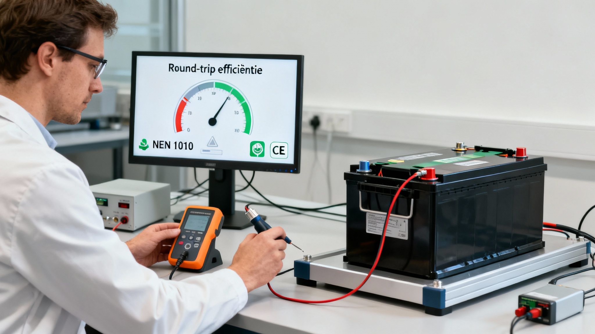 Beste thuisbatterij volgens de Consumentenbond: Onafhankelijke criteria voor uw keuze 3 Man in laboratoriumjas test een grote batterij met meetapparatuur en analyseert de efficiëntie op een computerscherm.