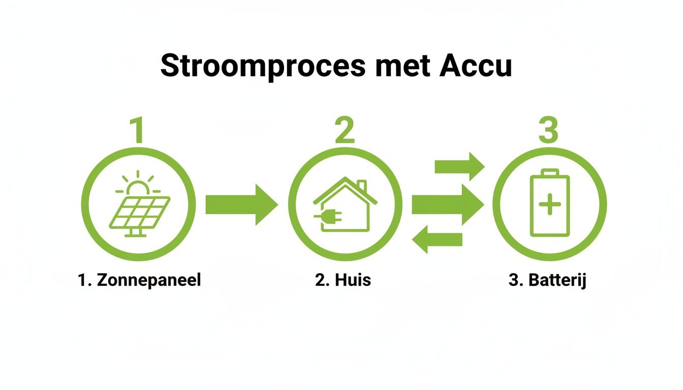 Zonnepanelen met accu: een complete gids voor thuisopslag 2 Schema van het stroomproces met zonnepanelen, huis en batterij voor energieopslag en gebruik.