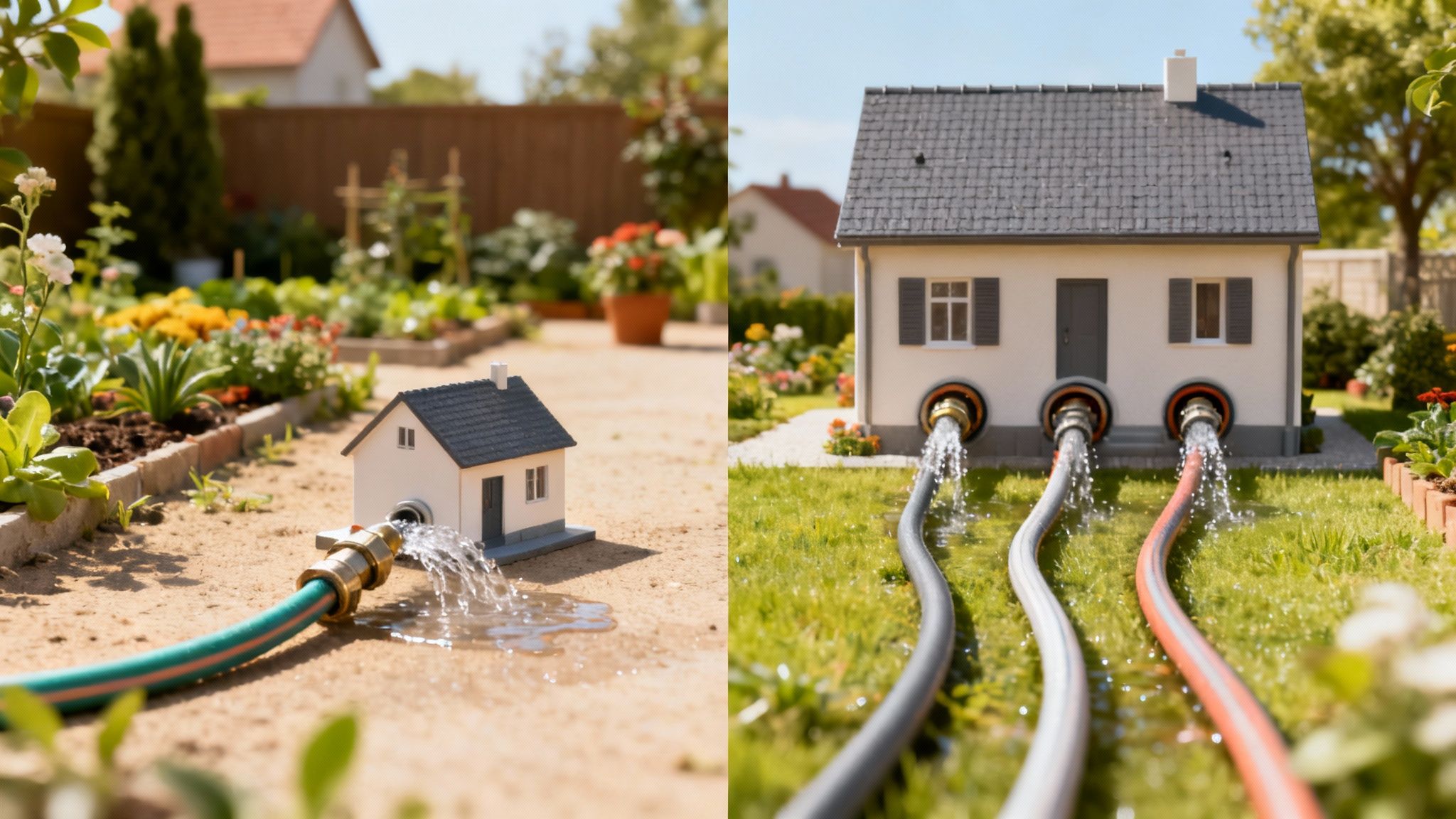 Twee scènes met modelhuizen en waterslangen; één met lekkage op droge grond, de ander met drie slangen die een groen gazon water geven.