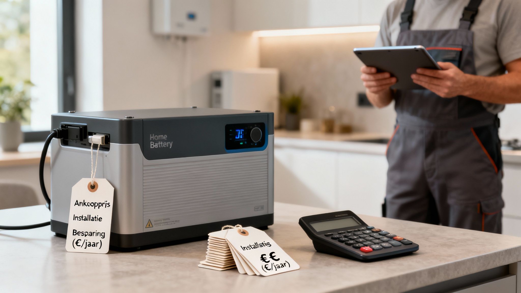 Is een thuisbatterij rendabel? Kosten, terugverdientijd en de situatie in Nederland 3 Een thuisbatterij met prijskaartjes voor aankoop, installatie en jaarlijkse besparing, naast een calculator op een aanrecht.