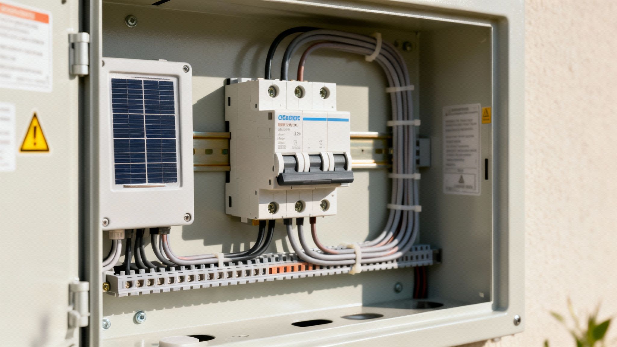 Open elektrische meterkast met een zonnepaneelsensor, stroomonderbreker en bedrading, zorgvuldig geïnstalleerd.