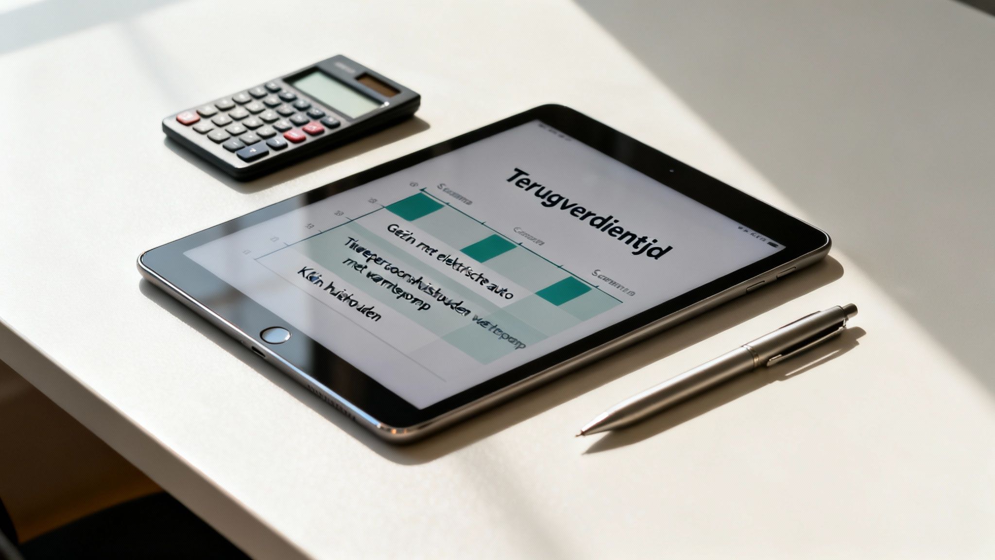 Een tablet met een grafiek over terugverdientijd, samen met een rekenmachine en een pen op een bureau.