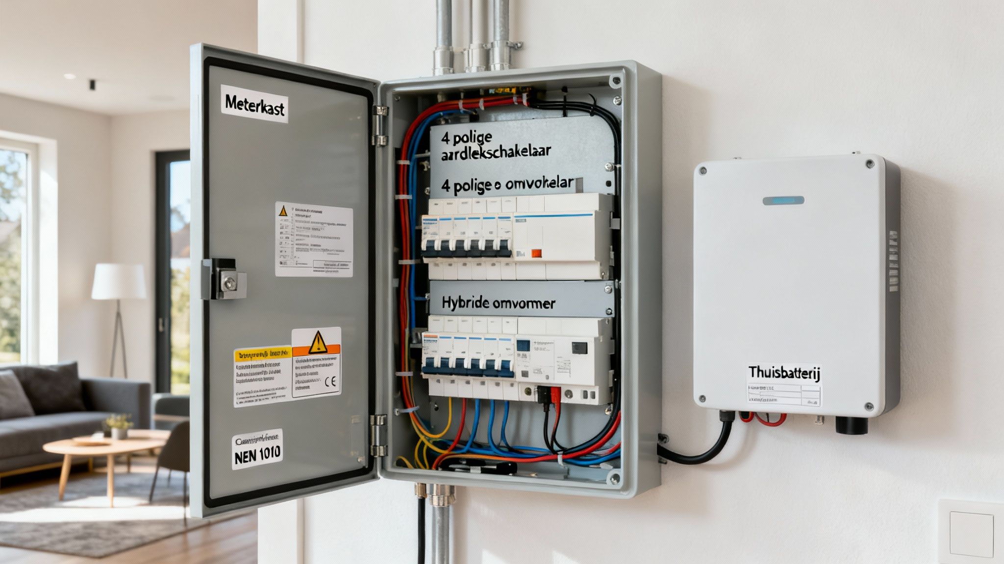 3-fase thuisbatterij: wat is het en wanneer heb je het nodig? 2 Open elektrische meterkast met hybride omvormer en 4-polige schakelaars naast een thuisbatterij in een moderne woning.