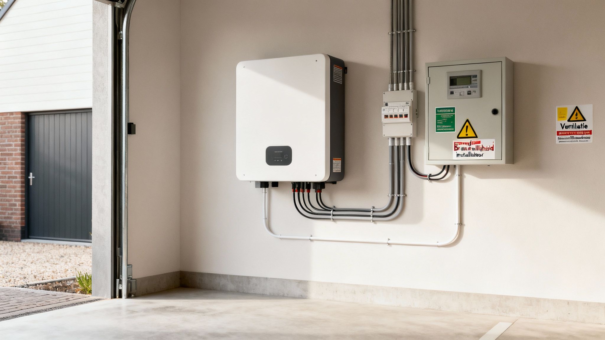 Een zonne-omvormer en elektrisch paneel netjes geïnstalleerd aan een muur in een garage.