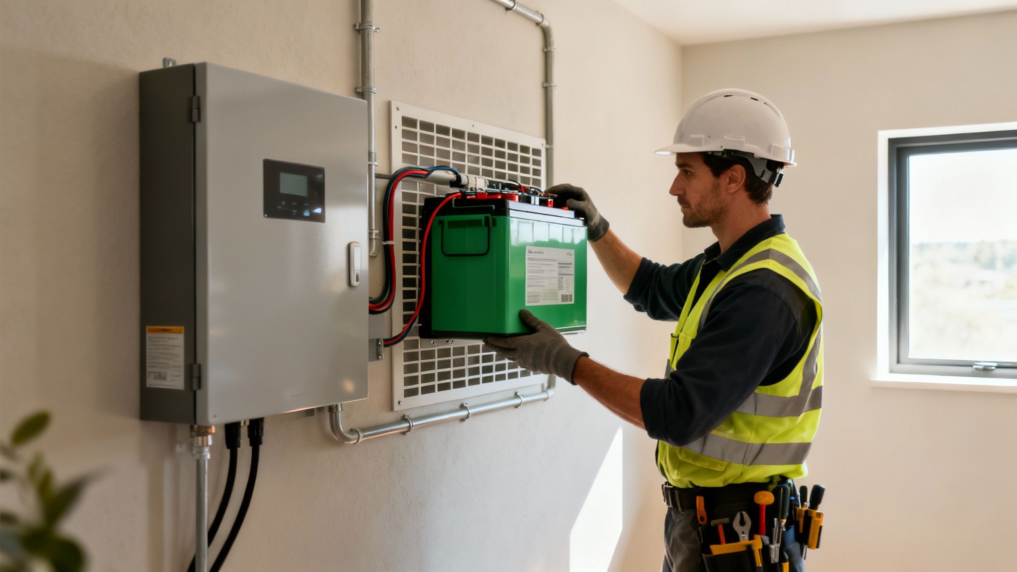 Wat is de beste thuisbatterij van 20 kWh? 5 Monteur installeert een groene thuisbatterij naast een grijs elektrisch paneel in een woning.