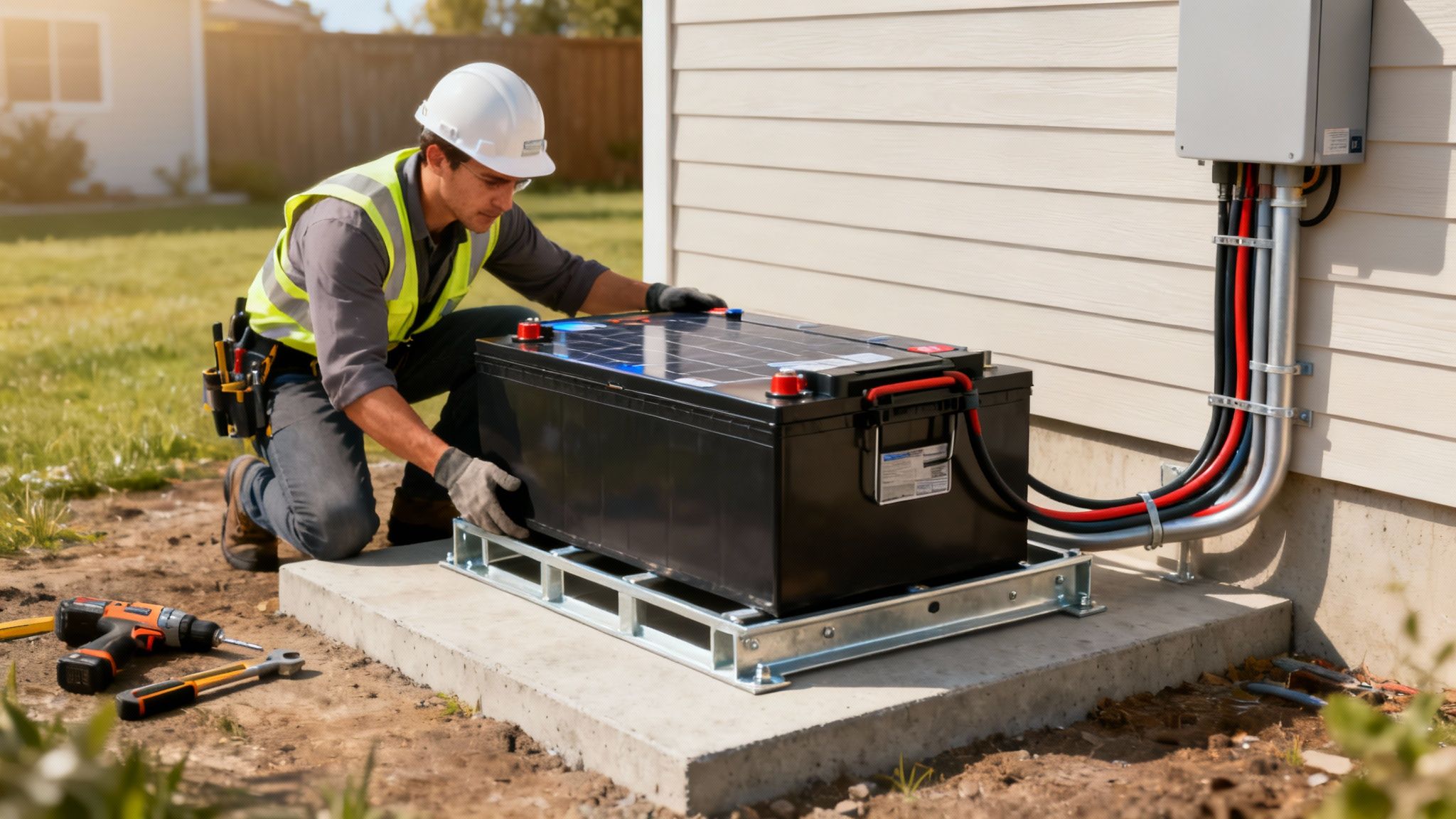 Een technicus installeert een thuisbatterij buiten naast een huis op een betonnen fundering.