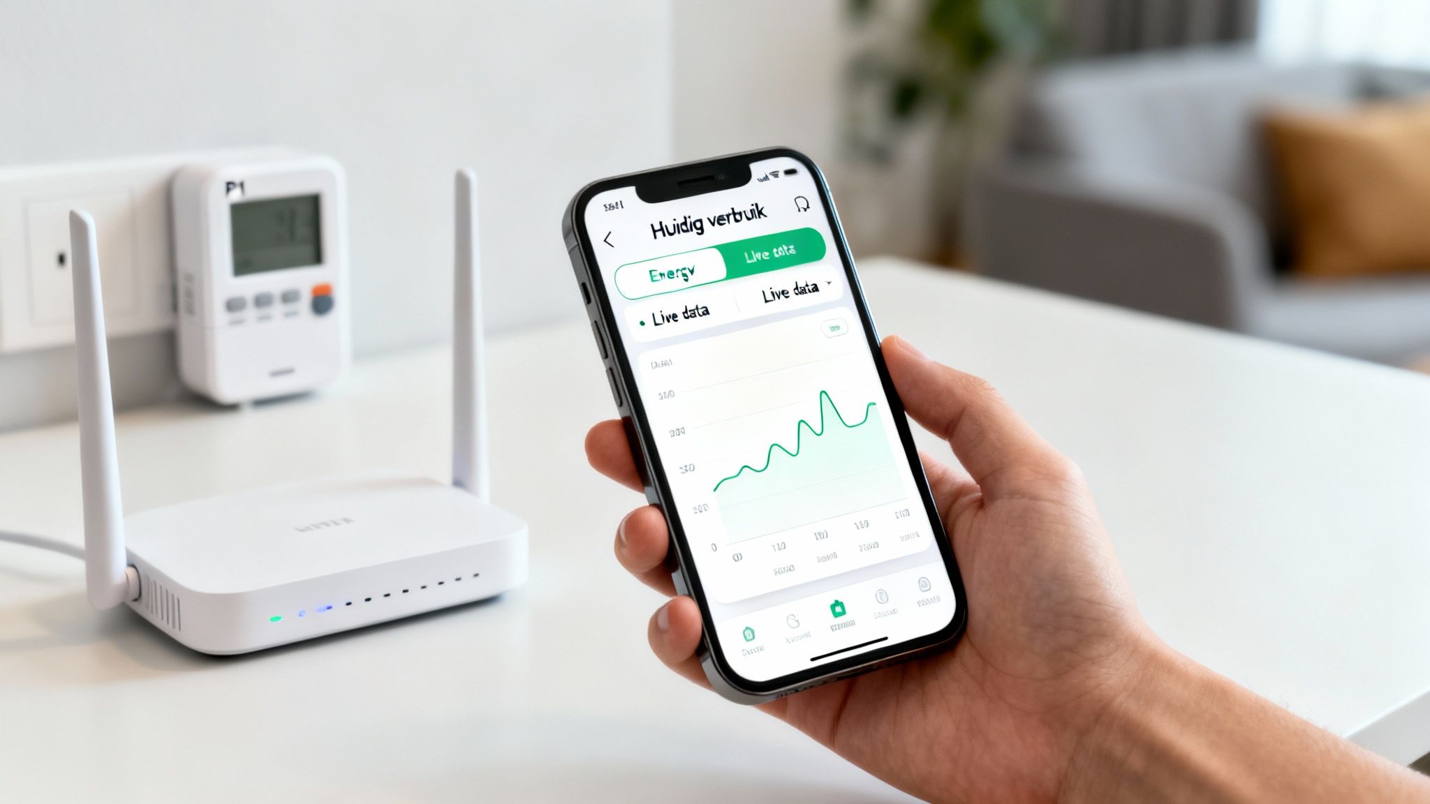 P1 meter installatie: een complete handleiding 5 Hand met smartphone toont energieverbruiksgrafiek, naast een witte router en een P1 meter.