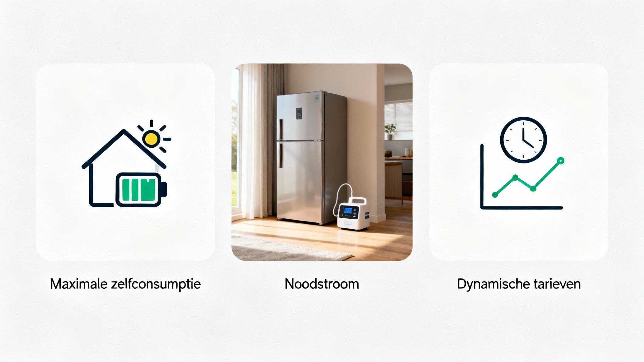 De afbeelding toont drie voordelen van een thuisbatterij: maximale zelfconsumptie, noodstroom en dynamische tarieven.
