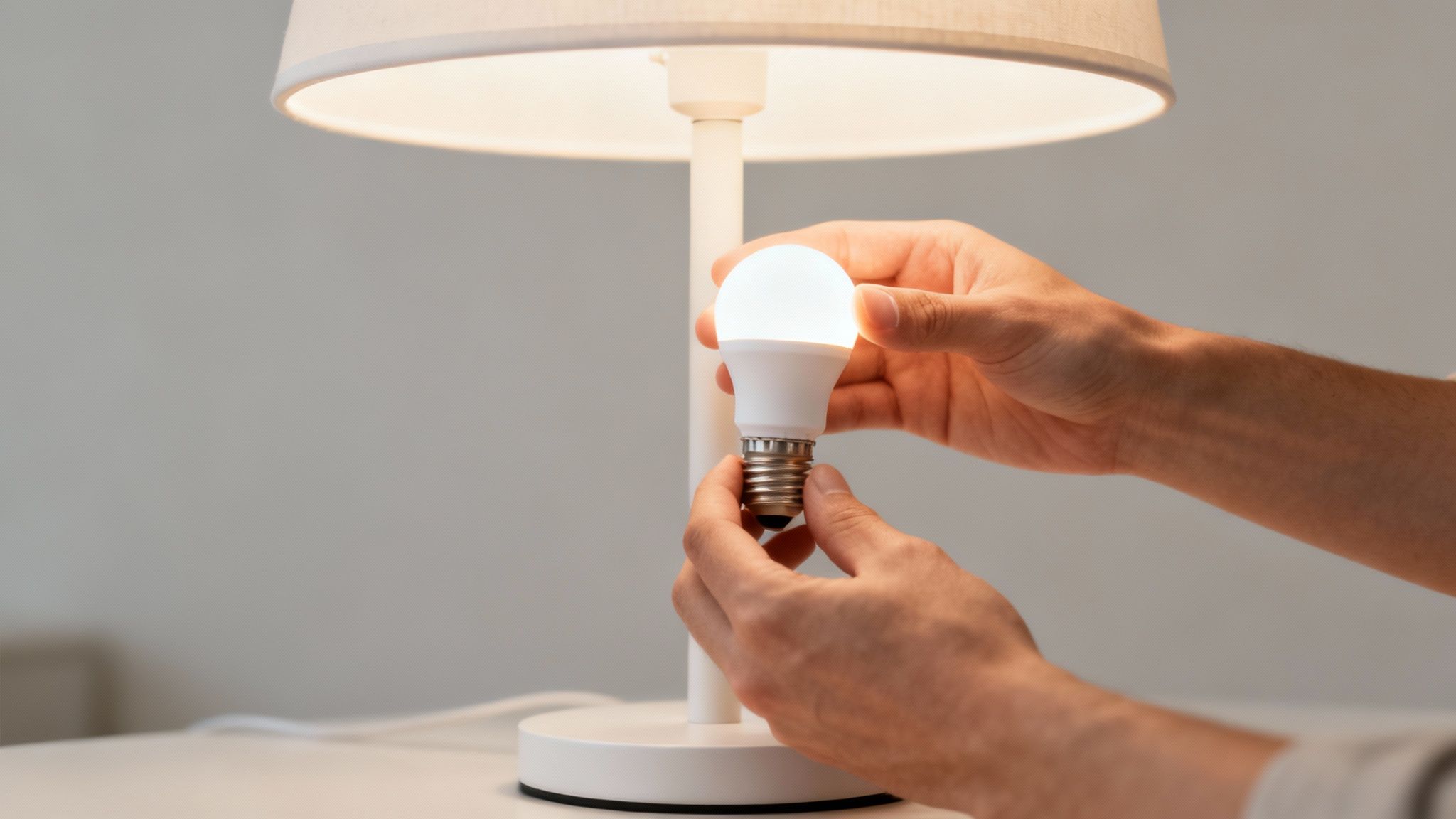 Handen draaien een witte, brandende LED-lamp in een moderne tafellamp.